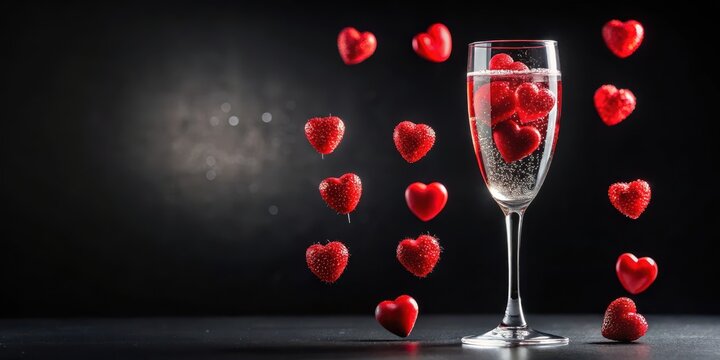 A cluster of red jelly hearts suspended in a glass filled with bubbly champagne on a black background, adding a touch of elegance and whimsy to any occasion , elegant, bubbly drink
