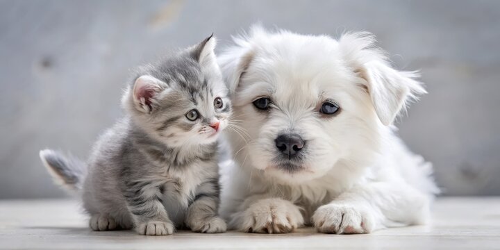 A small white puppy nuzzling its head against a tiny grey kitten's cheek, with the kitten's paw gently on the puppy's nose, furry companions, adorable animals