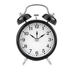 Black alarm clock with bells. Isolated on transparent background