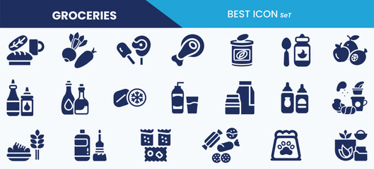 Best grocery icon collection. Food, meat, spices, drinks, baby food, fruits and vector illustrations.
