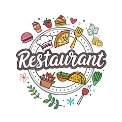Circular Restaurant Logo with Colorful Food Icons and Modern Typography, restaurant logo design