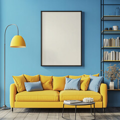 Modern Living Room Interior Design Yellow Sofa Blue Walls and Blank Canvas