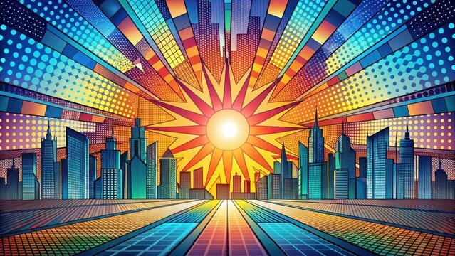 Radial comic book-inspired backdrop with colorful geometric patterns and abstract shapes in a futuristic cityscape at sunset, geometric, futuristic