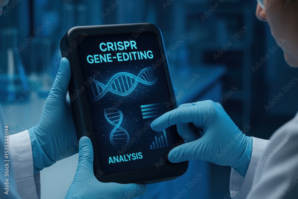 Poster advanced crispr technology in laboratory with scientist using tablet for gene editing analysis
