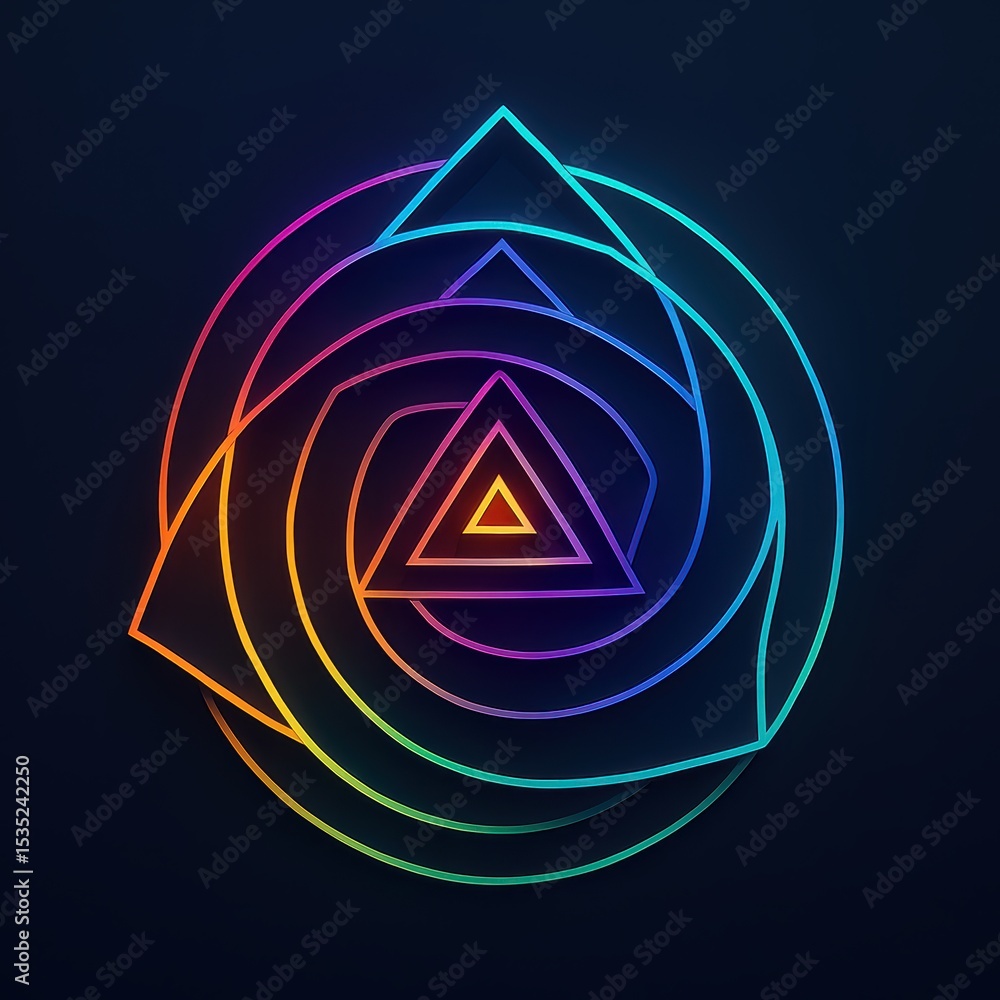 Poster colorful geometric patterns with circular and triangular shapes on dark background