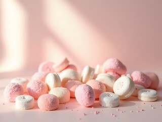 Pastel Candy Flatlay with Soft Shadows: Flatlay of soft pastel-colored candies such as marshmallows, sugar hearts, and chewy rounds placed gently with soft natural light and mild shadows.