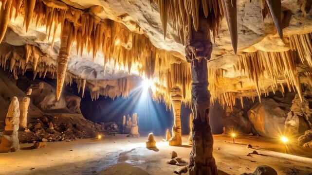 Dramatic underground cave interior with stalactites, stalagmites and a light beam shining through opening.