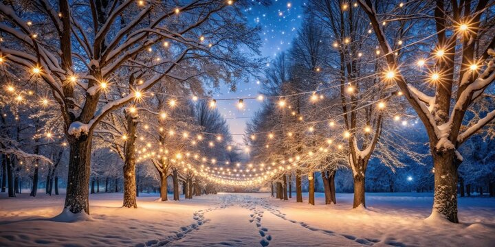 A serene winter wonderland scene with sparkling string lights illuminating the snow-covered trees in a quiet park at night under starry skies , holiday, twinkling