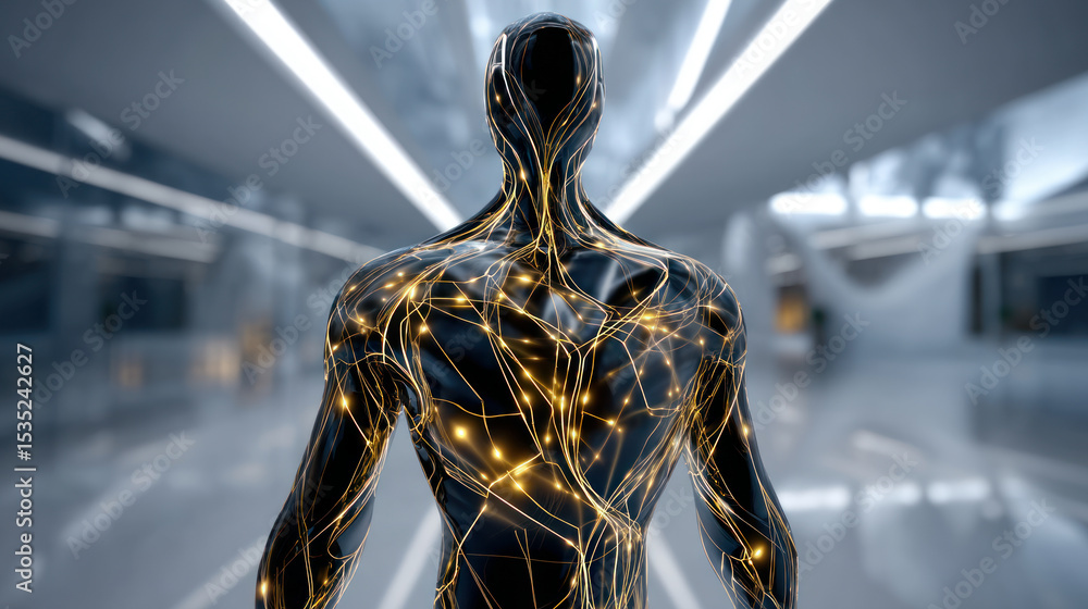 Poster sleek humanoid robot with glowing circuits and clean, sharp design, set in a modern, minimal space. 