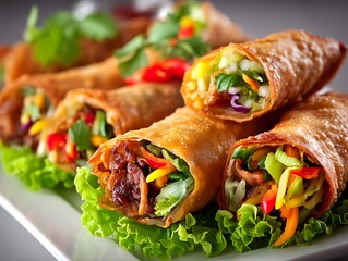 Delicious Fried Spring Rolls with Fresh Vegetables and Savory Meat Filling