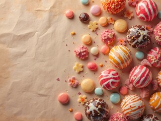 Vintage Candy Flatlay on Wrinkled Paper: Flatlay of retro candies like striped hard candy, rock candy, and classic licorice on vintage-styled paper with warm tones and soft wrinkles.