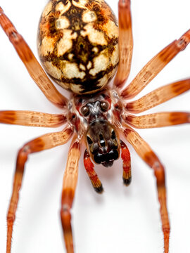Closeup picture of a female of the Mediterranean recluse spider Loxosceles rufescens (Araneae: Sicariidae), a medically important spider with cytotoxic venom photographed on white background.