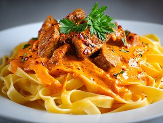 Delicious Hungarian Beef Goulash Served Over Fresh Pasta, Garnished with Parsley