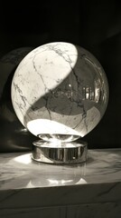 Monochrome marble forms the backdrop for a vertical abstract texture of silver and black, complete with a marble sphere