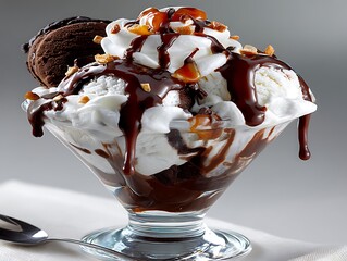 Delicious looking chocolate brownie ice cream sundae with various toppings displayed nicely
