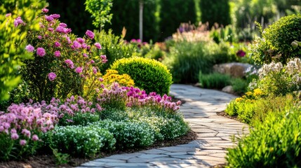 Fototapeta premium Serene Garden Path with Blooming Flowers and Lush Greenery Inviting Nature Lovers for a Relaxing Experience in an Idyllic Outdoor Setting