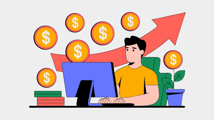 Fototapeta premium Man working on computer with rising arrow and dollar coins.
