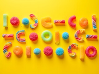 Flatlay of Mixed Sour Candies on Bright Yellow: Flatlay of colorful sour candies like rainbow strips, sour belts, and sugar-coated rings spread randomly across a bright yellow background.