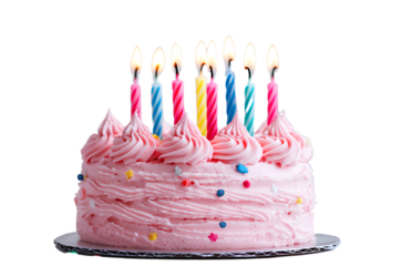 A pink birthday cake with candles and colorful dots, isolated on a white background, detailed,