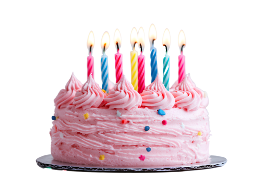A pink birthday cake with candles and colorful dots, isolated on a white background, detailed,