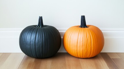 The image features two pumpkins in orange and black set against a plain white background, offering ample copy space and representing the themes of autumn harvest and Thanksgiving, perfect for