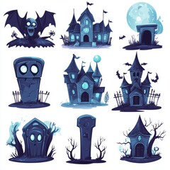The concept of horror and monster stickers is illustrated through a collection of Halloween stickers, which include a variety of frightening images such as ghosts, tombstones, bats, and haunted