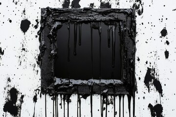 The concept of minimalist art is exemplified by an empty black frame with paint dripping from it, placed on a white background, and offering ample copy space for design and print purposes
