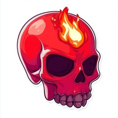 Isolated on a white background with a white border, a cartoon Halloween sticker depicts a red skull with flames in the eye sockets and crossbones, accentuated by dripping liquid, embodying the
