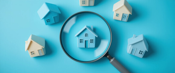 finding your dream home: magnifying glass over miniature houses on blue