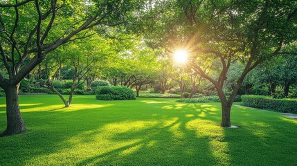 Fototapeta premium Lush Green Park Landscape with Sunlight Shining Through Trees, Creating a Tranquil and Inviting Atmosphere for Nature Lovers and Relaxation Seekers