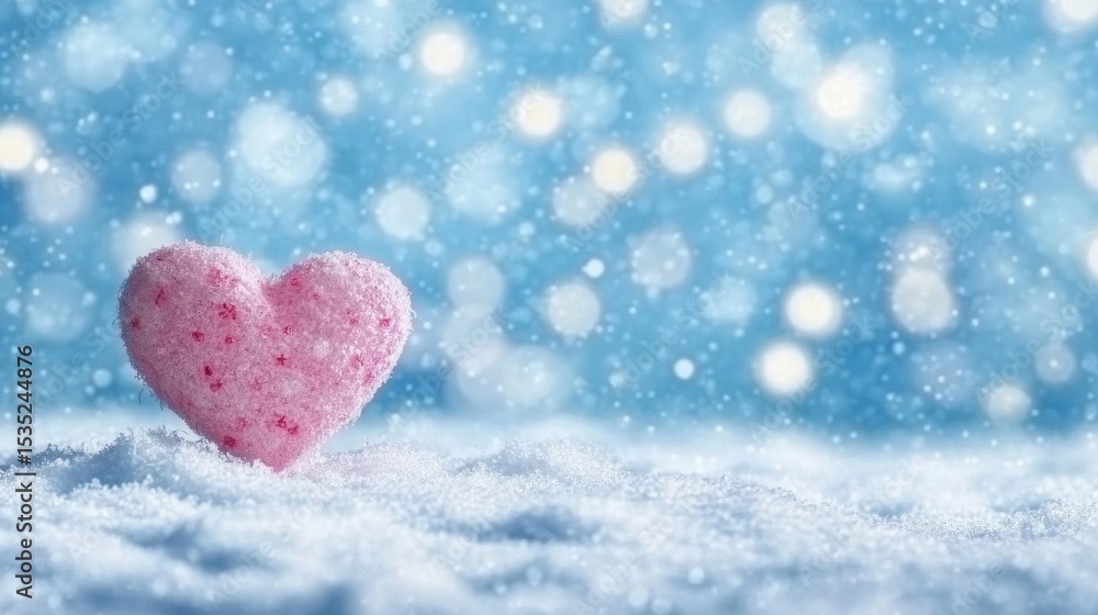 Poster in the snow, a pink object in the shape of a heart is pictured, with a blurred bokeh light backgroun