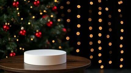 On a wooden surface, a festive holiday mockup product display showcases a Christmas podium complete with red ornaments, bokeh lights, and surrounding Christmas trees