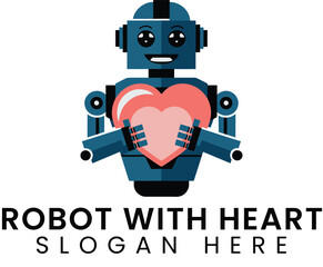 Friendly Robot Holding a Pink Heart Logo Design AI love cute blue cute icon flat