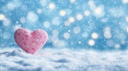 In the snow, a pink object in the shape of a heart is pictured, with a blurred bokeh light background and copy space, representing the idea of love during winter and Valentine's Day
