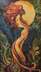 Obraz premium A figure with flowing hair and a flowing dress, depicted in warm colors against a background of swirling patterns.