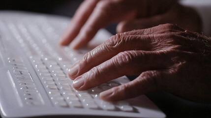 Close-up of hands using a Braille display keyboard for reading