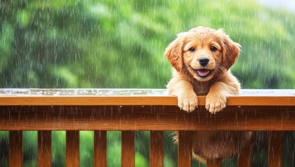 Near a rustic cabin, a wet puppy stands on a wooden surface outdoors as rain falls, in a close-up shot