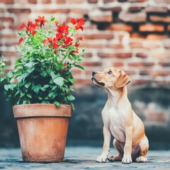 An endearing homeless puppy is positioned on a cobblestone street, featuring a brick wall and flowers in the background, rendered in warm tones and natural light