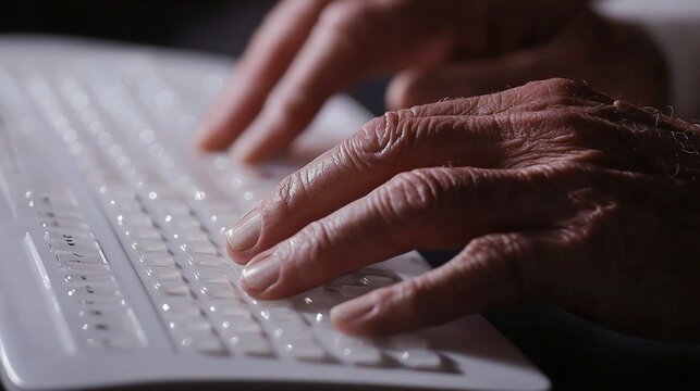 Close-up of hands using a Braille display keyboard for reading