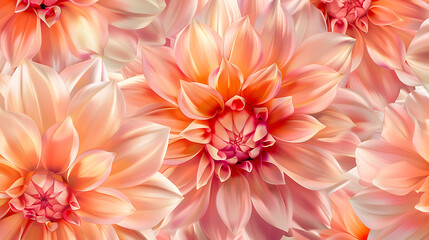 Fototapeta premium A beautiful closeup of peach and pink dahlia flowers in full bloom, showcasing their intricate petal patterns and soft, romantic colors in a vibrant floral arrangement