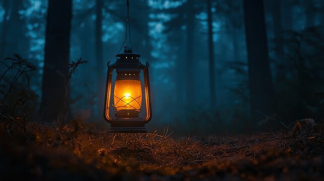 A vintage lantern illuminates a misty forest floor.