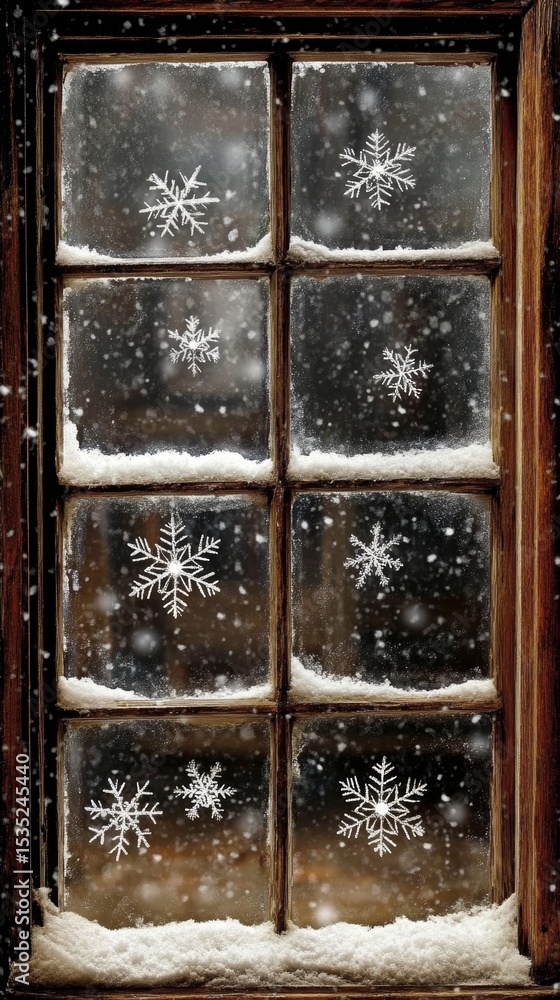 Poster intricate ice patterns and snowflakes on a frosted windowpane are beautifully framed by rustic woode