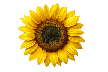 Sunflower head blooming with bright yellow petals, gleaming against transparent background