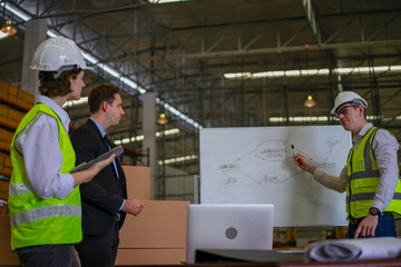 Blue collar workers are working and meeting at warehouse.