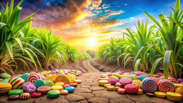Colorful sugarcane fields with candy-themed rocks and flowers , landscape, tropical,  landscape, tropical