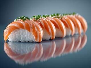 Elegant and delectable row of salmon sushi nigiri, beautifully presented and prepared