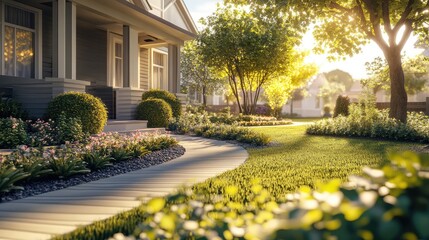 Obraz premium Serene Residential Garden Pathway Surrounded by Lush Greenery and Sunlit Flower Beds Capturing the Tranquility of Suburban Living in Golden Hour Light