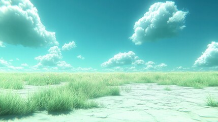 Vibrant Green Field Under Cloudy Blue Sky in Daylight