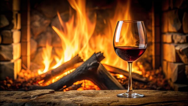 A glass of rich red wine sits on a stone fireplace surround, surrounded by warm flames dancing in the darkened evening atmosphere of autumnal woods , fire pit, red wine
