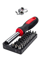 Red and Black Ratchet Screwdriver with Bit Magazine and Various Bits